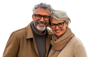 Middle-Aged Couple Hugging Smiling Scenic Outdoor Portrait Clothing Style
