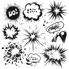 Collection of black and white comic book style speech bubbles, bursts, and explosions.