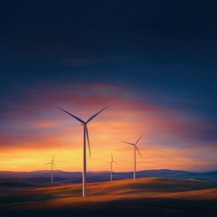 Obraz premium Dusk aerial view of renewable energy wind farm turbines illuminating landscape at twilight