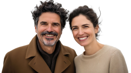 Romantic Couple Smiling Outdoors Wearing Warm Clothing Scenic Background