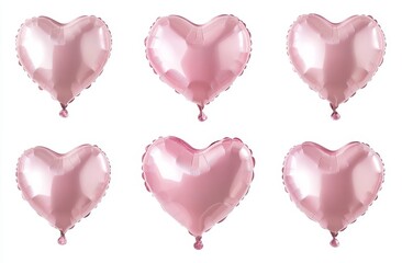 Six pink heart-shaped foil balloons isolated on white background.