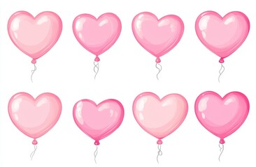 Eight pink heart-shaped balloons isolated on white background.