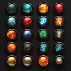 Vibrant Collection of Elemental Spheres Showcasing Fire, Water, Earth, and Air in Stunning Artistic Representations on a Dark Background