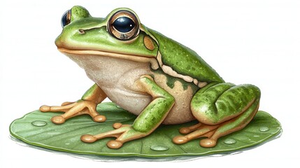 Obraz premium Vibrant Green Tree Frog Resting on a Dewy Lily Pad
