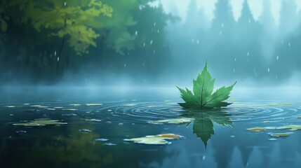 Leaf floats on misty lake, rain, forest