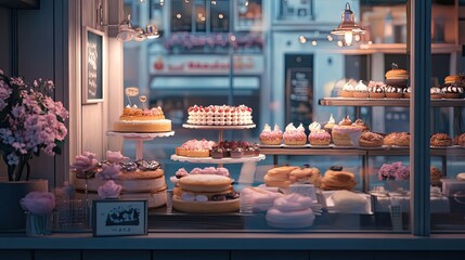 Obraz premium Delicious Cakes And Pastries Displayed In A Bakery Window