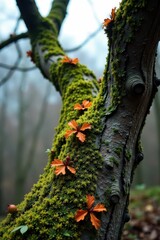 Lichen-adorned tree bark, soft moss, and twisted limbs, tree, overcast sky, branches