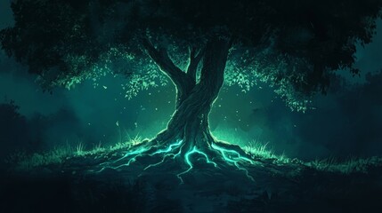 Enchanted forest at night, glowing tree roots.