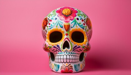 Mexican skull with floral pattern drawing isolated on pink background