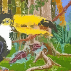 Various oil paintings, flowers, forests, tropical leaves, birds, giraffes, elephants, fish,...