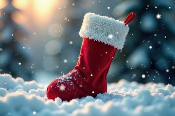 Red Christmas stocking with fluffy snowflakes gently falling around it, red stocking, peaceful atmosphere
