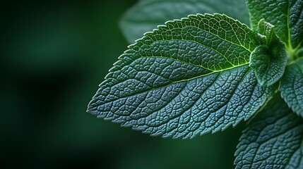 Lush green mint leaf close-up, garden background, herbal product