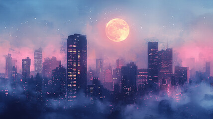 夕陽に包まれる都会の街並み｜温かな風景イラスト。優しい水彩画タッチの美しいアート。