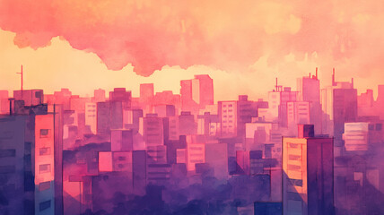 Obraz premium 夕焼け空とビル群が描くノスタルジックな都市風景。優しい水彩画タッチの美しいアート。