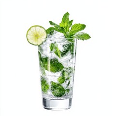 A refreshing Mojito cocktail with muddled mint leaves and a lime wedge, served in a tall glass filled with crushed ice, the drink sparkling with bubbles