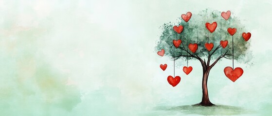 Watercolor tree with hanging hearts on pastel green background