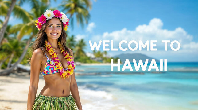 smiling woman in mini bikini on a tropical island with hawaiian skirt and hawaiian flower accessori with white text WELCOME TO HAWAII