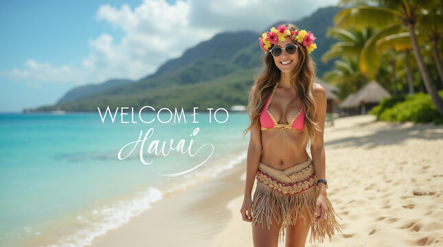 smiling woman in mini bikini on a tropical island with hawaiian skirt and hawaiian flower accessori with white text WELCOME TO HAWAII