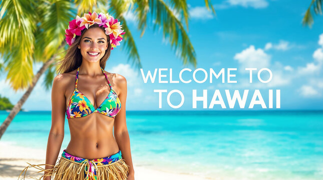 Fototapeta smiling woman in mini bikini on a tropical island with hawaiian skirt and hawaiian flower accessori with white text WELCOME TO HAWAII