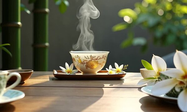 Delicate porcelain teacup with golden patterns and steaming jasmine tea, a classic and aromatic beverage