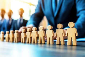 Teamwork and Growth: A businessman carefully arranges a line of wooden figures representing a growing team, symbolizing expansion, collaboration, and strategic human resource management.  