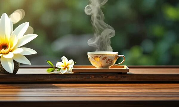 Delicate porcelain teacup with golden patterns and steaming jasmine tea, a classic and aromatic beverage