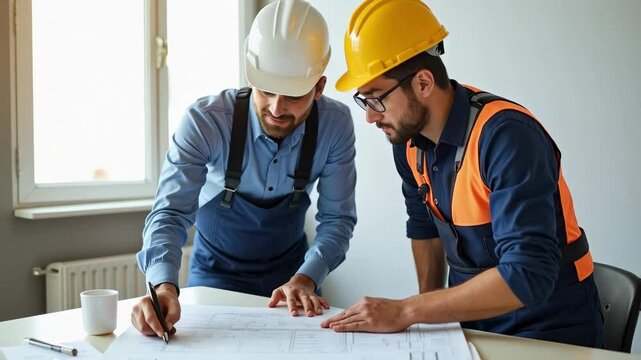 Two Male Engineers Collaborating on Blueprints in a Bright Office Space, Showcasing Successful Teamwork and Construction Planning