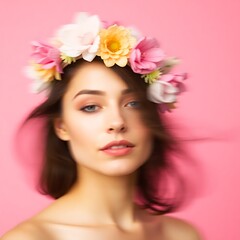 Woman with flower crown, pink background. (2)