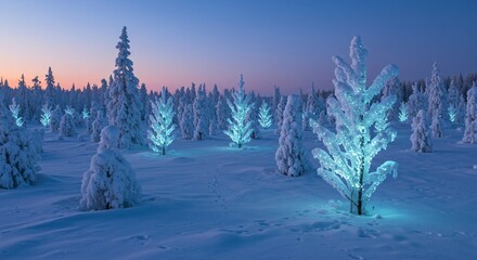A frozen forest where the trees are made of shimmering ice and glow faintly