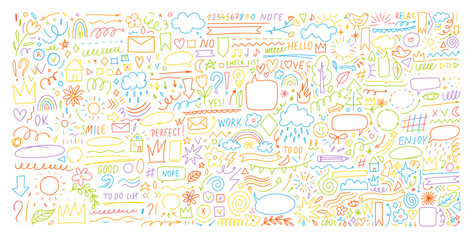 Fototapeta premium Colorful children drawings set. Vector kids doodle. Set of simple hand drawn decorative elements for notes. Speech bubbles, crowns, arrows, punctuation symbols, simple childish shapes, underlines.