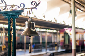 Close Up golden bells at the train station To signal that the train is accessing the station or leaving the station.