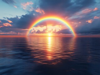 Ocean sunset rainbow, calm sea, vibrant sky