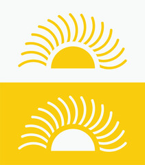 icon set Yellow half sun , including shining rays, sunset designs, solar energy, and star-inspired illustrations. Perfect for representing warmth, tanning, and bright energy.