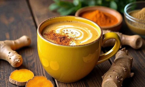 Ginger turmeric elixir in a glass, a healthy and vibrant herbal beverage with healing properties