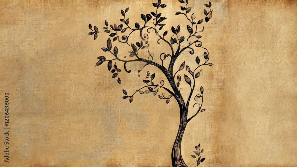 Poster intricate tree design with swirling branches and leaves on textured background