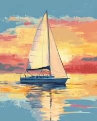 Naklejka premium Gouache painting of sailboat at sunset on blue background