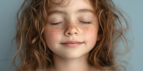 Naklejka premium Capturing serenity a young girl with freckles indoor setting portrait photography calm environment close-up view emotional connection
