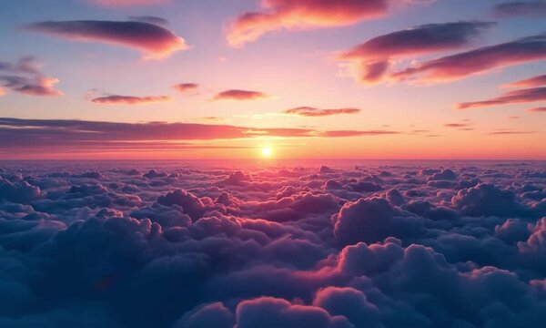 Scenic view of the evening sky above clouds at sunset time. Generative AI Video. ProRes HQ 59.94 FPS available in 4K 16:9.
