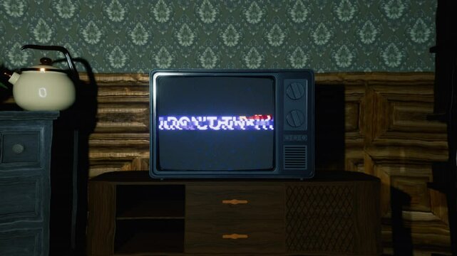Hypnotic Spiral on the screen of a classic retro old TV also displaying short subliminal messages to Control and Influence Mind Concept Animation