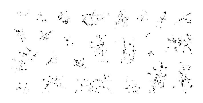 Set of splattered vector black paint blots and drops. Hand drawn ink drops and splashes. Liquid paint drips and ink splatter.