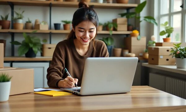 young asian shemale business owner with boxes on the table happy online sales job use the laptop get an order from customers take notes and make arrangements for delivery by post
