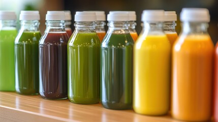 Colorful assortment of fresh juice bottles arranged on a wooden shelf in a vibrant caf? setting