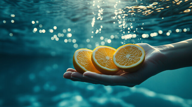 A vibrant shot of a personâs hand reaching out from beneath water, holding a cluster of citrus slices, with light reflections adding a dreamy effect