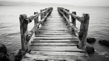 Fototapeta premium Solitude and Tranquility Weathered Wooden Dock Extending into Calm Waters