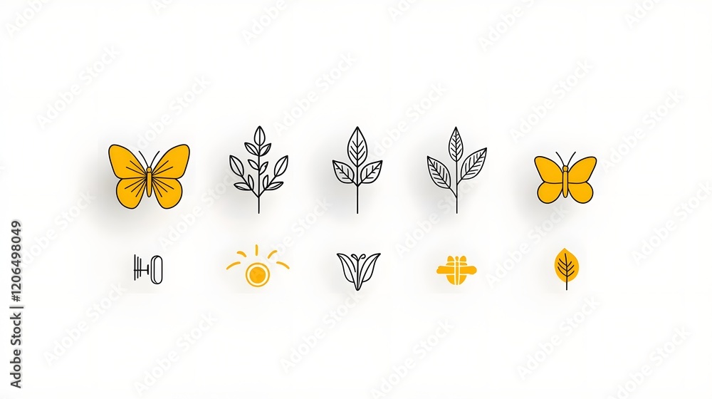 Leinwandbilder This image showcases a collection of 6 linear  minimalist icons and symbols that visually represent key botanical concepts such as ecosystem  pollination  leaf patterns