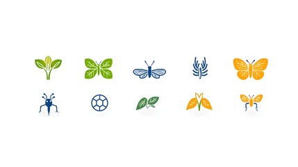 Fototapeta premium Collection of 6 simple and modern linear icons illustrating key botanical concepts such as ecosystem pollination leaf patterns and other natural science symbols in a minimalist linear style