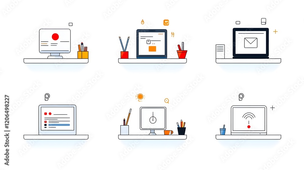 Leinwandbilder Collection of 6 clean minimalist line icons designed to represent various digital elements of data entry form filling and online workflow processes for efficient information organization