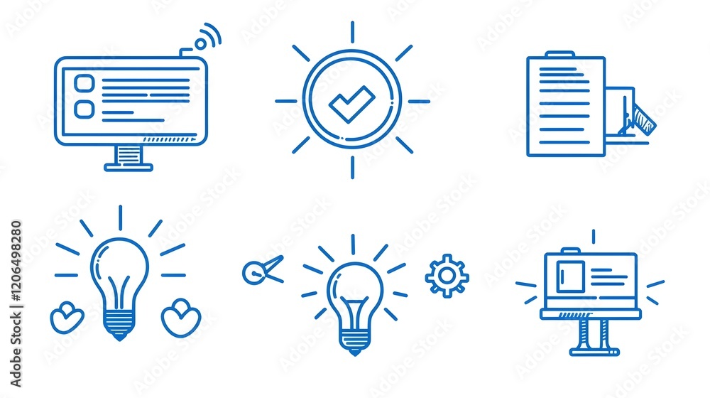 Poster Collection of clean minimalist linear icons designed to represent various elements of digital form filling data entry and online workflow processes