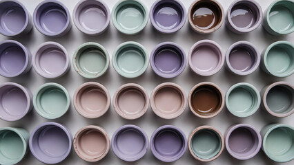 Array of paint pots (Soft Lavender and Mint Green): An array of ceramic bowls or pots in soft lavender and mint green tones, arranged side by side in a grid pattern