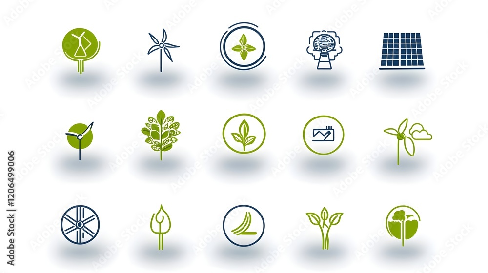 Poster comprehensive collection of linear icons featuring renewable energy symbols such as solar panels win